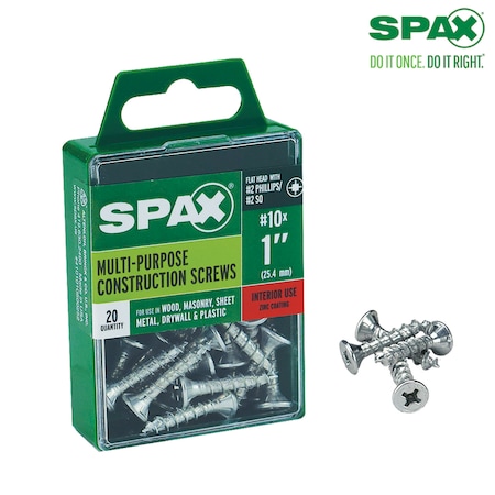 Spax Sheet Metal Screw, #10 x 1 in, Zinc Plated Steel Flat Head Square Drive 4101010500252